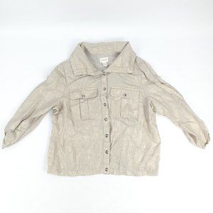 Chico's Women's 2 100% Shiny Linen Turtleneck Golden Button Up Shirt Gloss Sheen